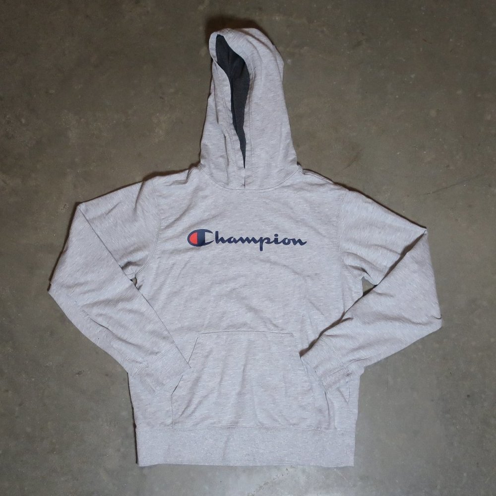 Champion. Youth X-Large. Hoodie. Gray w/ Logo.